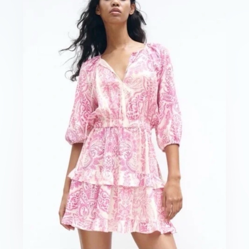 Zara Romantic Flirty Pink & White Paisley Layered Linen Mini Dress- size XS - Picture 7 of 16
